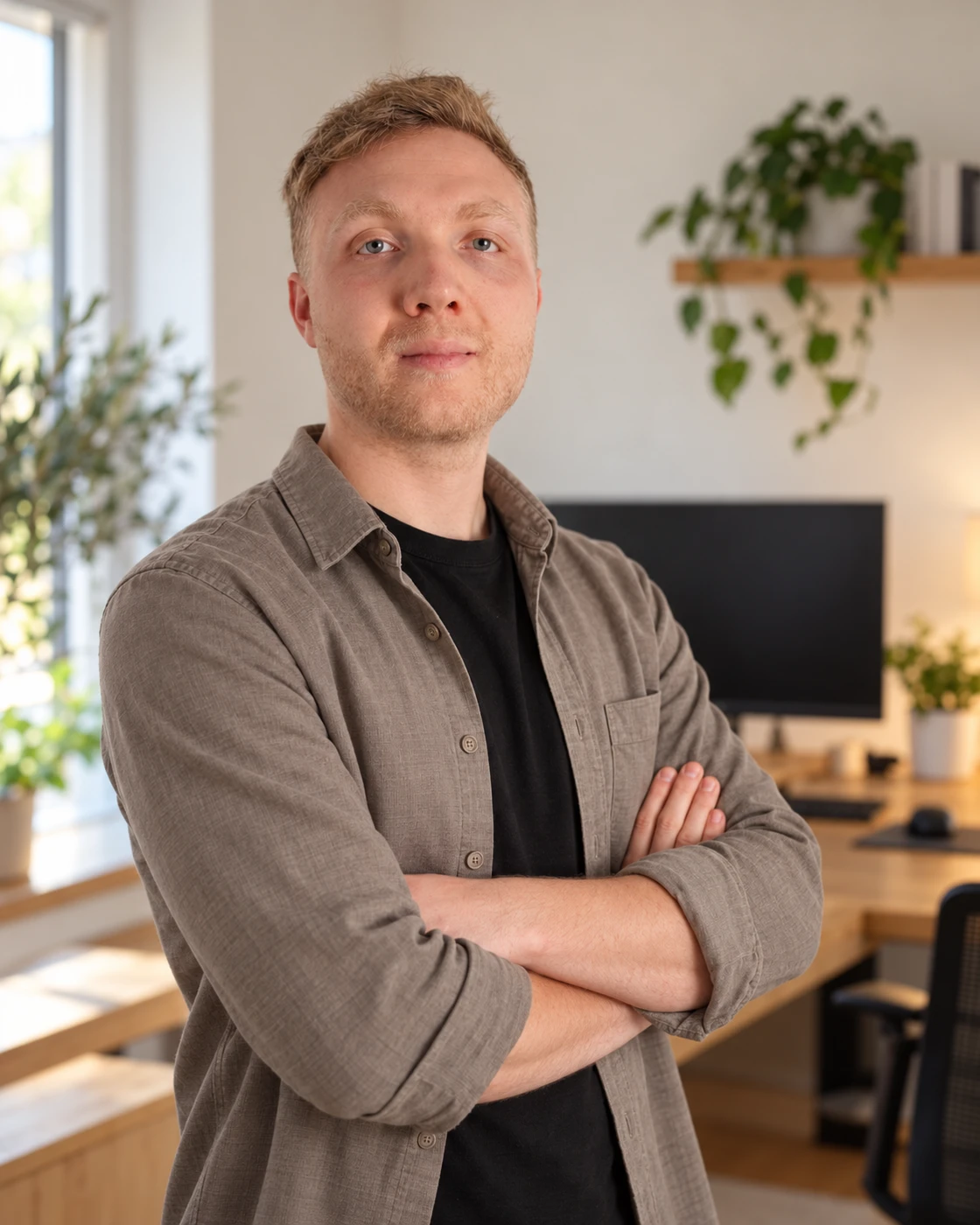 Julian Peplies in legerem Overshirt an einem hellen Arbeitsplatz